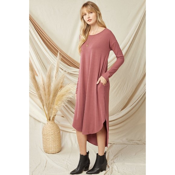 Entro Ribbed Pocket Midi Dress, Marsala - Picture 2 of 6
